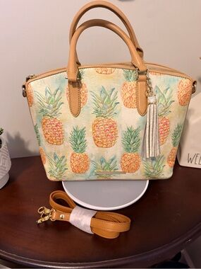 Brahmin Pineapple Print Satchel - Tan & Green